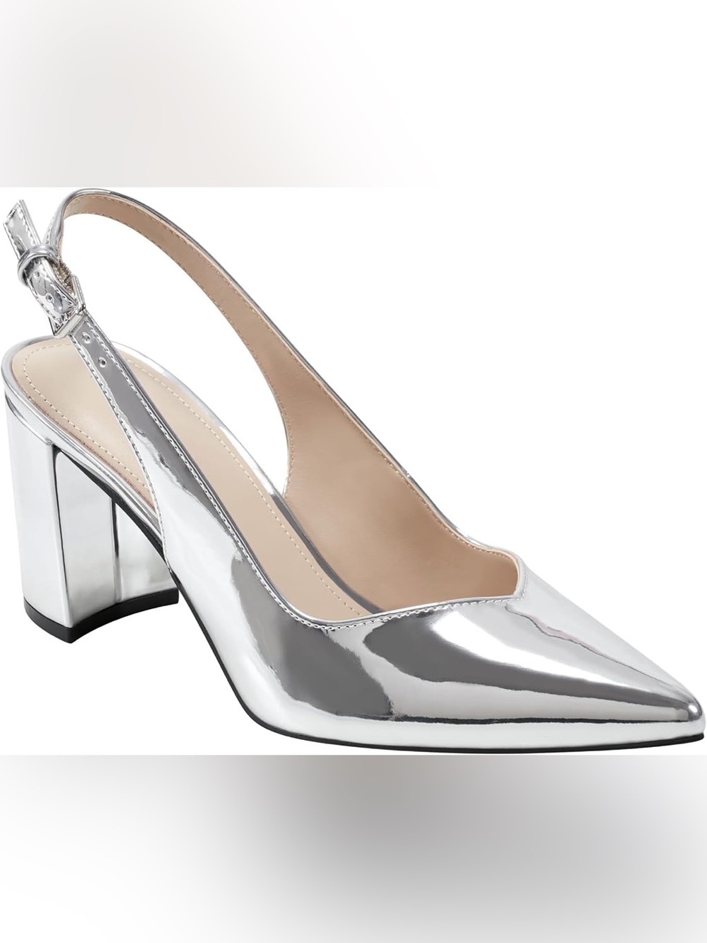 Marc Fisher Catling Silver Pointed-Toe Slingback Block Heel Pumps